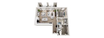 A top-down view of a small apartment with a living room, kitchen, and bedroom.