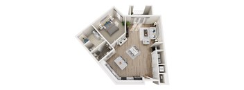 A top-down view of a small apartment with a bedroom, living room, and kitchen.