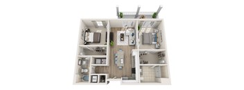 A 3D floor plan of a house with a kitchen, living room, dining room, and bathrooms.