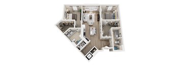 A top-down view of a house interior with a kitchen, living room, and bedrooms.