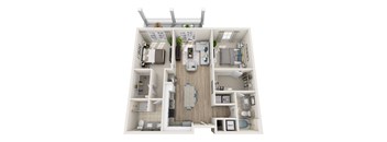 A top-down view of a small apartment with a kitchen, living room, and bedrooms.