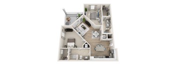 A 3D floor plan of a house with a kitchen, living room, and bathroom.
