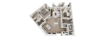 A 3D floor plan of a house with a kitchen, living room, and bedrooms.