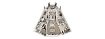 A top-down view of a house interior with a living room, kitchen, and dining area.