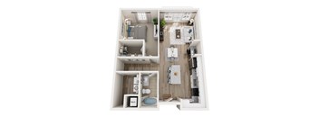 A top-down view of a small apartment with a kitchen, living room, and bathroom.