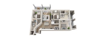 A 3D floor plan of a house with multiple rooms and furniture.