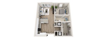 A 3D floor plan of a small apartment with a kitchen, living room, and bedroom.