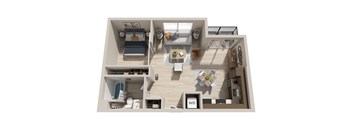 A 3D floor plan of a small apartment with a living room, kitchen, and bedroom.
