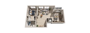 A 3D floor plan of a house with a living room, kitchen, and bathroom.