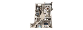 A 3D floor plan of a house with labeled rooms.