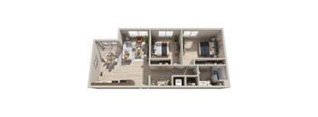 A 3D floor plan of a house with labeled rooms.