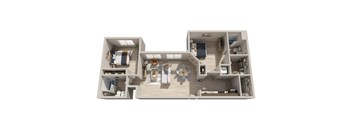 A 3D rendered image of a house layout.