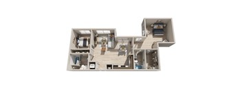 A 3D floor plan of a house with a living room, kitchen, and bedrooms.