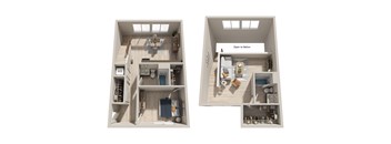 A top and bottom view of a small apartment layout.