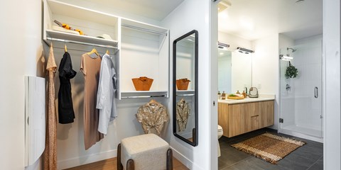 a bathroom with a shower and a closet with a mirror