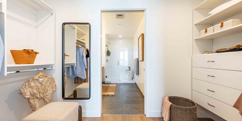 a large mirror in a walk in closet