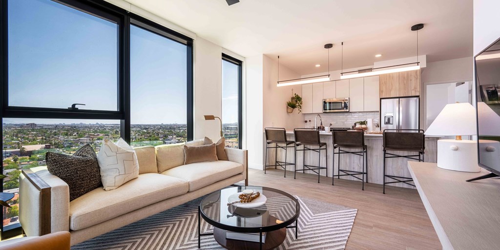 a living room with a couch and a table