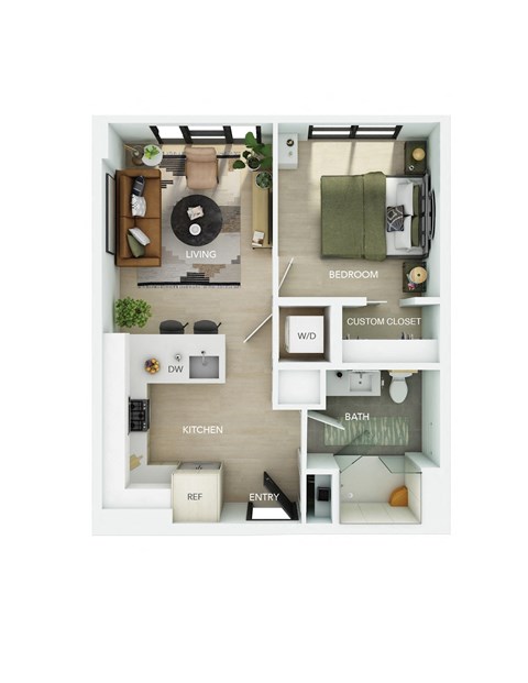 a stylized floor plan with a bedroom and a kitchen