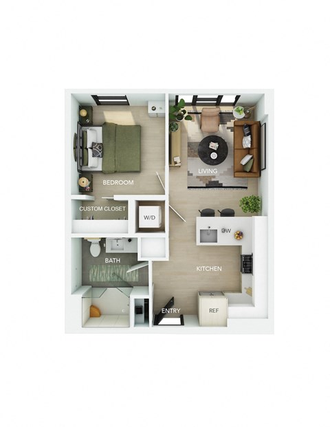 a 3d floor plan of a studio apartment