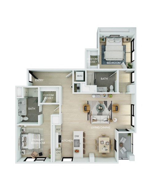 a stylized floor plan with a bedroom and a living room