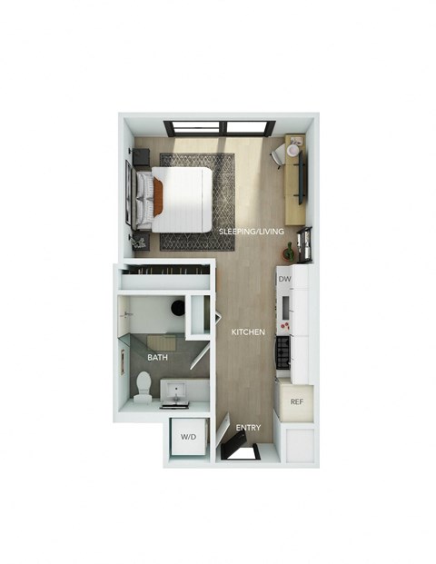 a floor plan of a small apartment with a bedroom and a bathroom