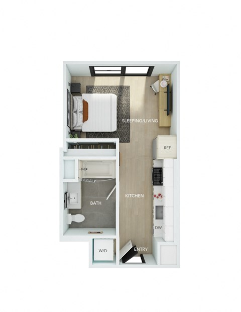a floor plan of a small apartment with a bedroom and a kitchen