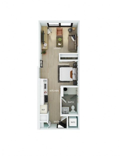 a floor plan of a studio apartment with a bedroom