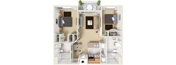 A diagram of a small apartment with a kitchen, living room, and bathroom.