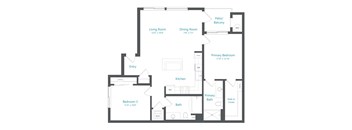 A floor plan of a home with a living room, dining room, kitchen, two bathrooms, and two bedrooms.