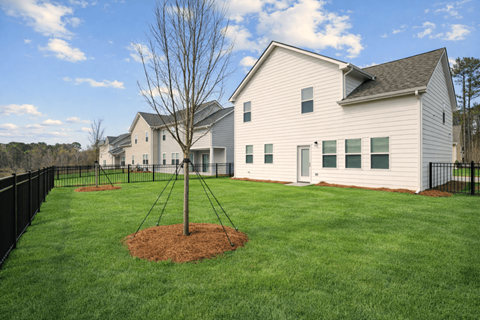 A white house with a tree in the front yard.