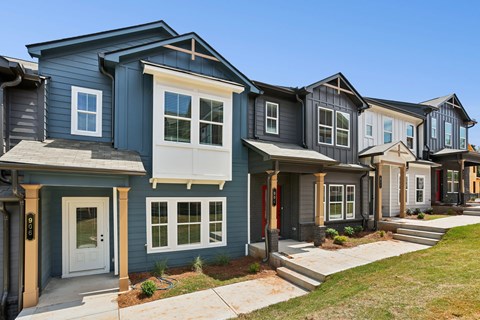 A row of houses with different designs and front yards.