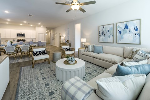 A living room with a white couch and a grey rug.