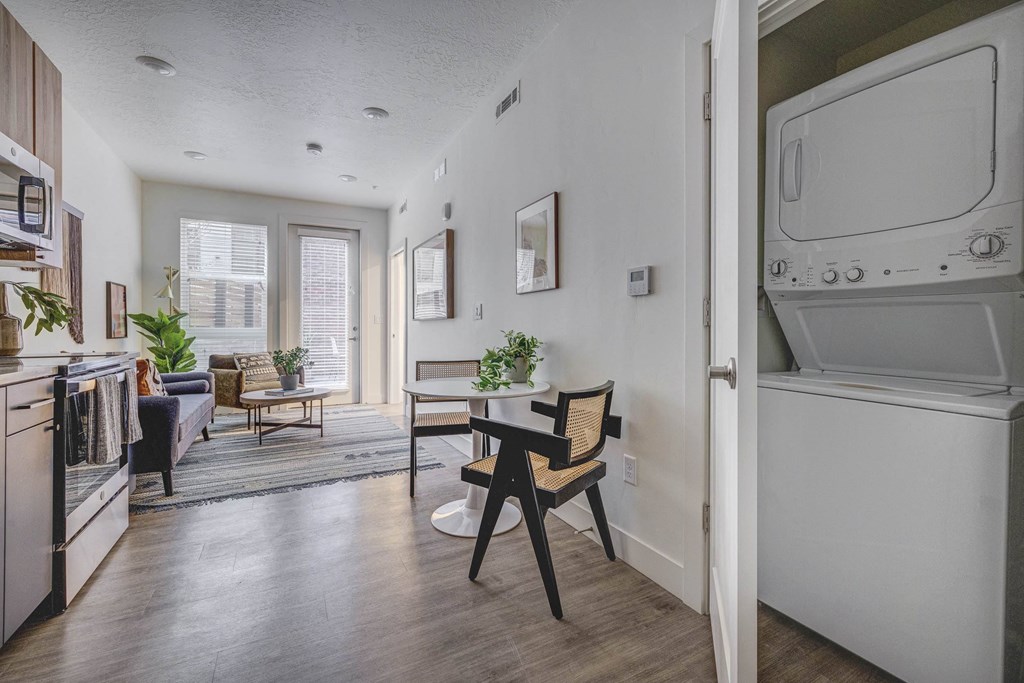 Open concept living with washer and dryer