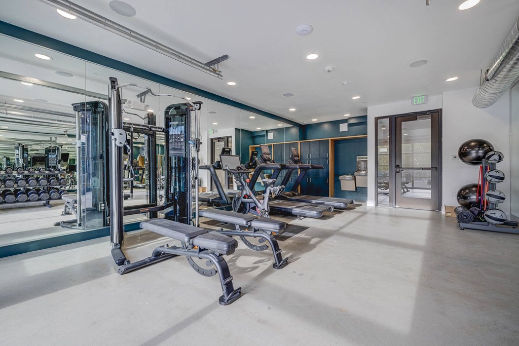 a gym with weights and cardio equipment