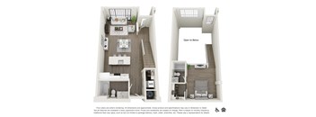 a floor plan of two bedrooms with a bathroom and a staircase to the second floor