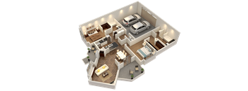 A 3D rendered image of a house layout with two bedrooms, a living room, a kitchen, and a garage.