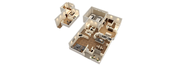 A 3D floor plan of a two-bedroom apartment.