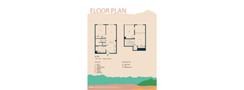 A floor plan of an apartment with two bedrooms and two bathrooms.