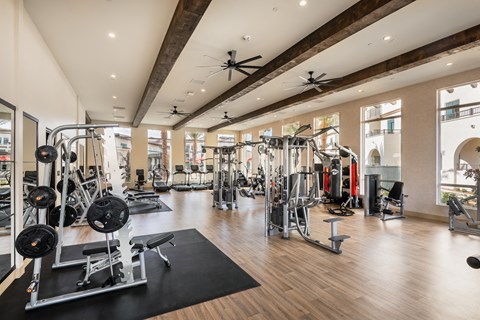 A gym with a variety of equipment including weights and cardio machines.