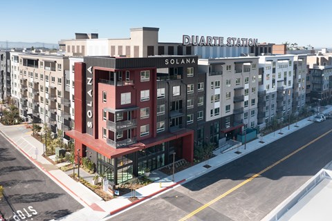 A street view of Duarte Station and Solana apartments.