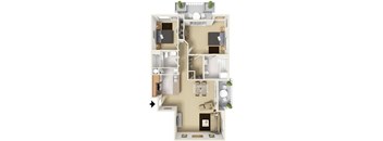 A floor plan of a house with a kitchen, living room, and two bedrooms.