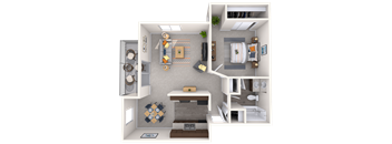 A 3D floor plan of a small apartment with a kitchen, living room, and bathroom.