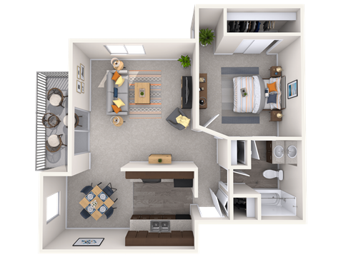 A 3D floor plan of a small apartment with a kitchen, living room, and bathroom.