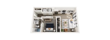 A top-down view of a well-organized kitchen and living room area.