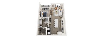 A top down view of a small apartment with a kitchen, living room and bathroom.