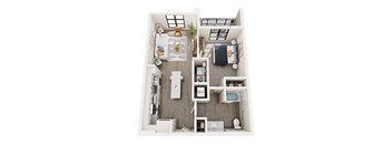 A top-down view of a small apartment with a kitchen, living room, and bathroom.