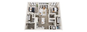 A top-down view of a small apartment with a kitchen, living room, and bathroom.