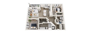 A top down view of a modern apartment with a kitchen, living room, and bathroom.