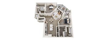 A top-down view of a house interior with a kitchen, living room, and bedrooms.