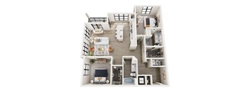 A top-down view of a modern apartment layout.